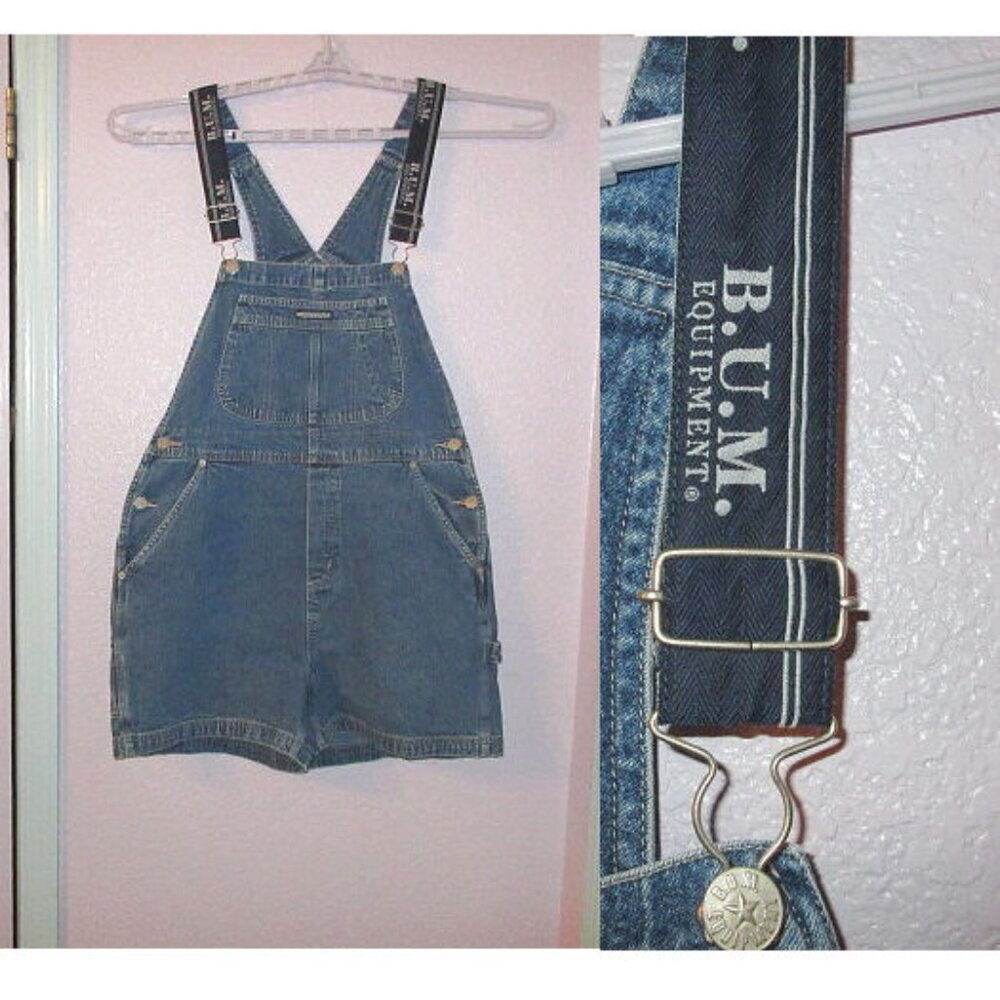 Vtg BUM Equipment Shortalls L Denim Overalls Baggy Carpenter Grunge 90s Y2K EUC